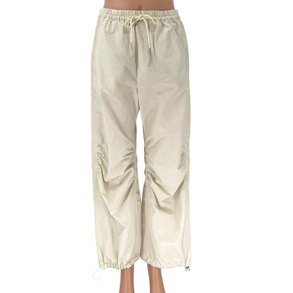 Abercrombie & Fitch Ivory Ruched Straight Leg Drawstring Windbreaker Pants Sz S - Picture 1 of 5